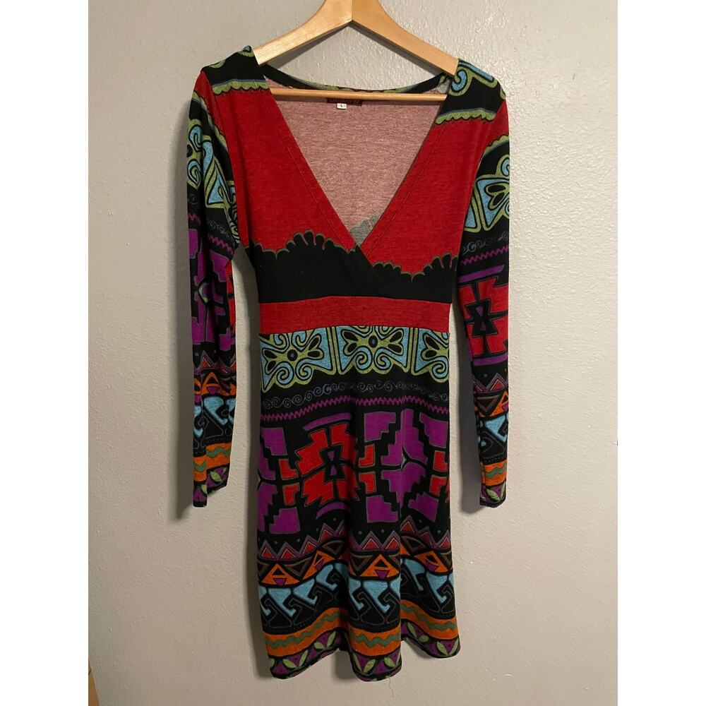 Windhorse Sweater Dress Women Large Multicolor Geometric Cashmere Blend Boho Y2K